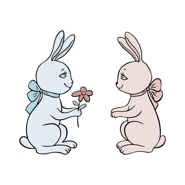 Lindos conejos de dibujos animados se felicitan entre sí La liebre da una flor