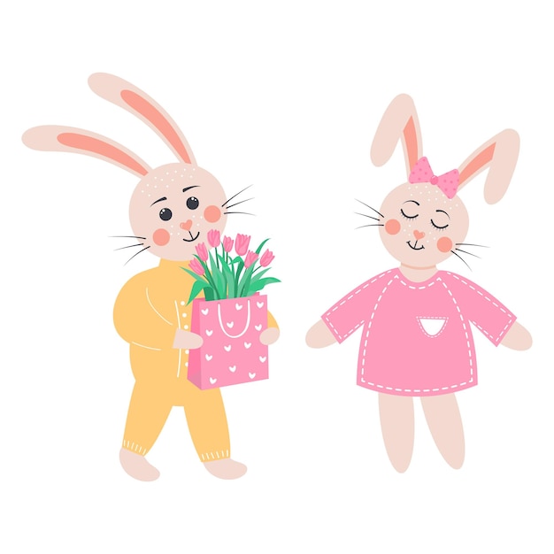 Lindos conejos enamorados El conejito le da una bolsa de tulipanes a una conejita Personajes de dibujos animados del bosque