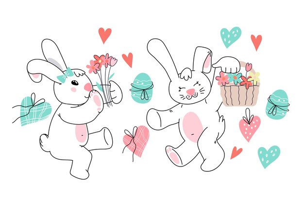 Lindos conejos de pascua con huevos doodle ilustración vectorial de dibujos animados aislado