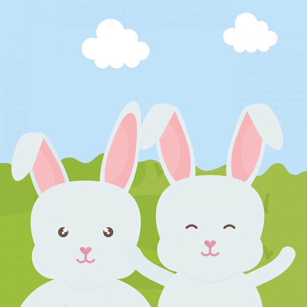 Vector lindos conejos en los personajes del paisaje.