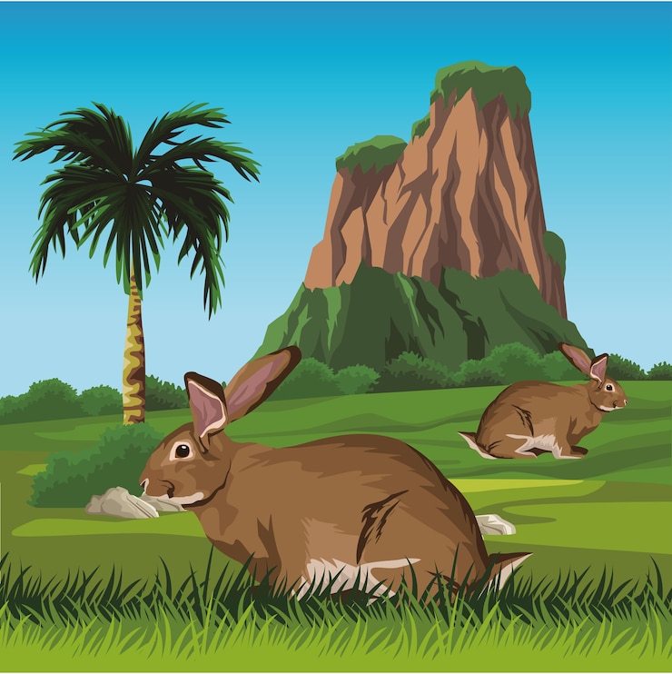 Vector lindos conejos salvajes en el paisaje.