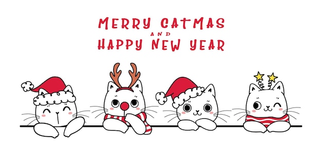 Lindos cuatro gatos gatito en sombrero de navidad feliz navidad y feliz año nuevo banner dibujos animados infantiles