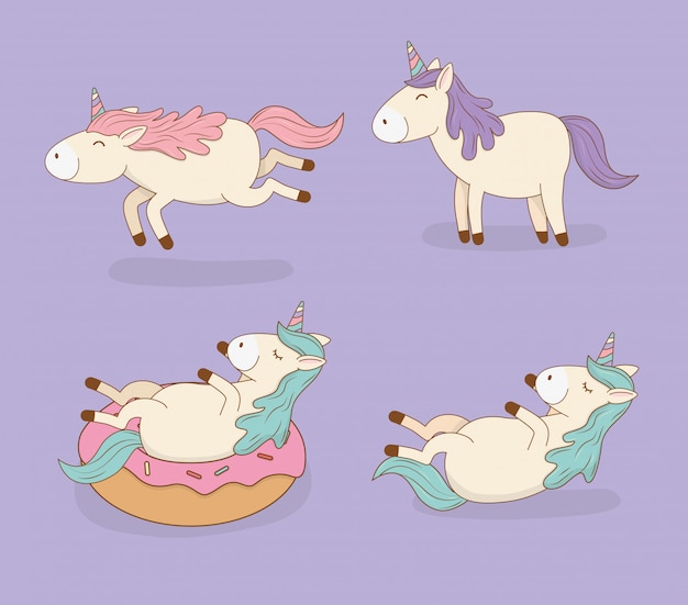 Lindos cuentos de hadas unicornios y personajes de rosquillas.