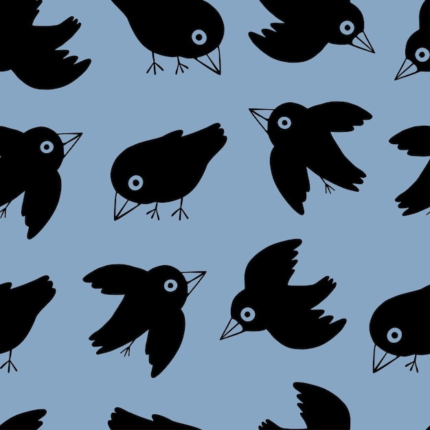 Lindos cuervos planos. Patrón transparente de vector dibujado a mano abstracto. Adorno de dibujos animados de colores con pájaros. Divertido diseño moderno para impresión, tela, textil, fondo, papel tapiz.