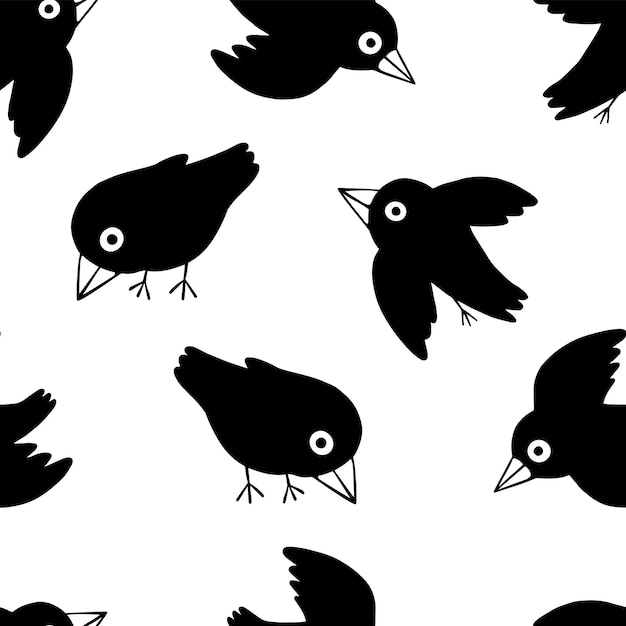 Lindos cuervos planos. Patrón transparente de vector dibujado a mano abstracto. Ornamento de dibujos animados monocromo con pájaros. Divertido diseño moderno para impresión, tela, textil, fondo, papel tapiz.
