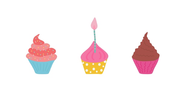 Lindos cupcakes de crema multicolor de diferentes sabores y colores con una vela handdrawn vector cl