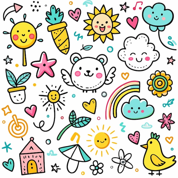 Lindos dibujos animados de corazones, flores y soles sobre un fondo blanco
