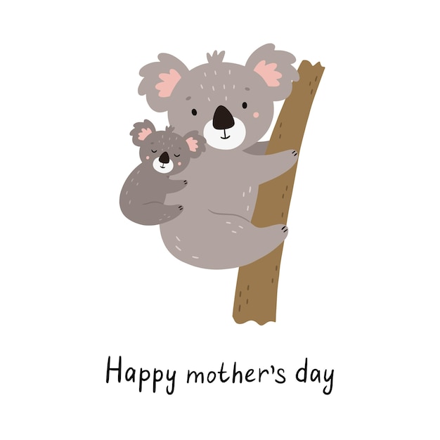 Lindos dibujos animados koalas en un árbol cartel infantil dibujado a mano animales madre y bebé vector