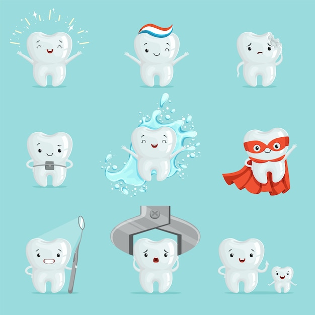 Lindos dientes con diferentes emociones para. Ilustraciones detalladas de dibujos animados