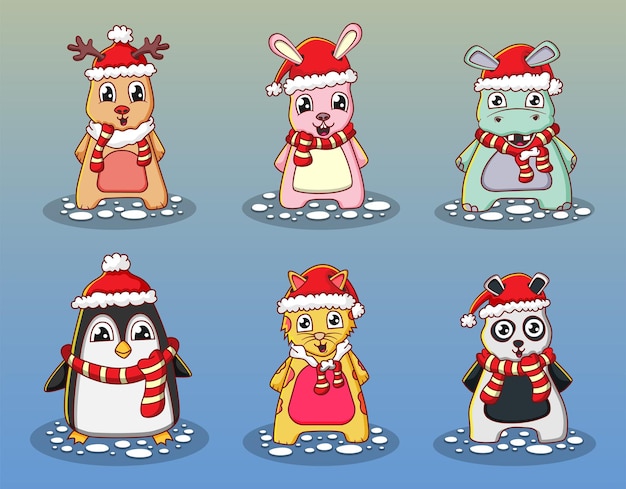 Vector lindos diferentes personajes de animales navideños con scraf.