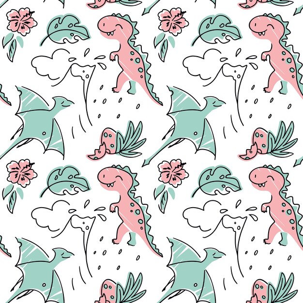 Lindos dinosaurios en un bosque exótico. Impresión de niños. Patrón sin fisuras. Vector