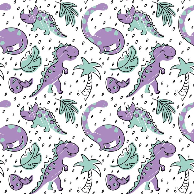 Lindos dinosaurios en el bosque. Impresión de niños. Patrón sin fisuras. Vector.