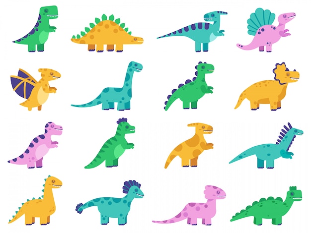 Lindos dinosaurios Dibujado a mano dinosaurios cómicos, divertidos personajes de dinosaurios, tiranosaurio, estegosaurio y diplodocus conjunto de ilustración. Dinosaurio animal, triceratops dino