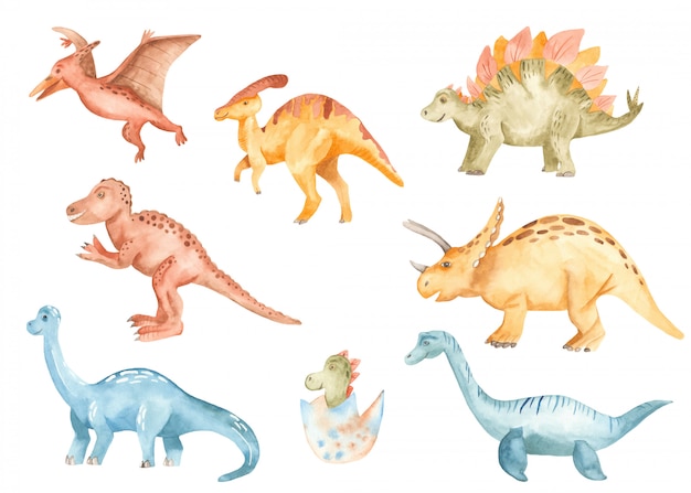 Vector lindos dinosaurios en estilo acuarela