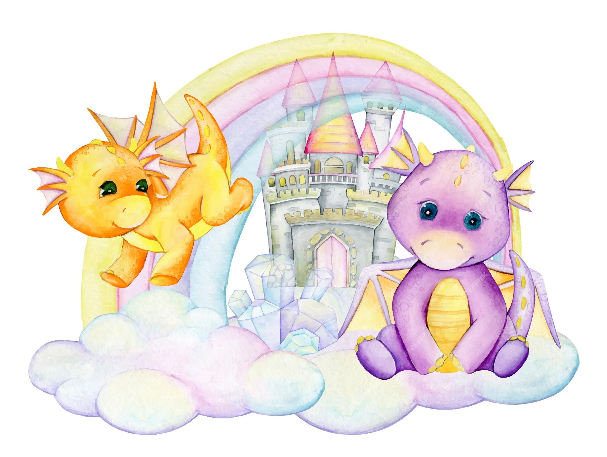 Lindos dinosaurios en el fondo de un arco iris y un castillo de piedra. imágenes prediseñadas de acuarela, en estilo de dibujos animados | Vector Premium Lindos dinosaurios en el fondo de un arco iris y un castillo de piedra. imágenes prediseñadas de acuarela, en estilo de dibujos animados | Vector Premium
