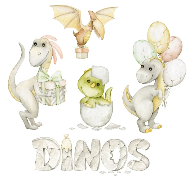 Lindos dinosaurios globos regalos Acuarela conjunto animales prehistóricos en estilo de dibujos animados pintados con acuarela colores no sagrados