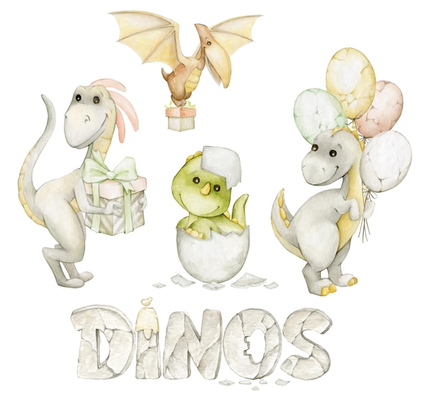 Vector lindos dinosaurios globos regalos acuarela conjunto animales prehistóricos en estilo de dibujos animados pintados con acuarela colores no sagrados