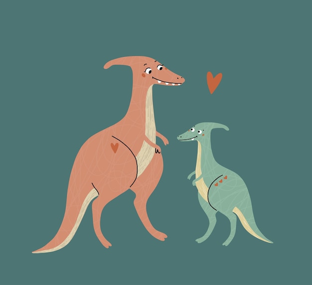 Vector lindos dinosaurios, mamá y bebé. era prehistórica. ilustración infantil.