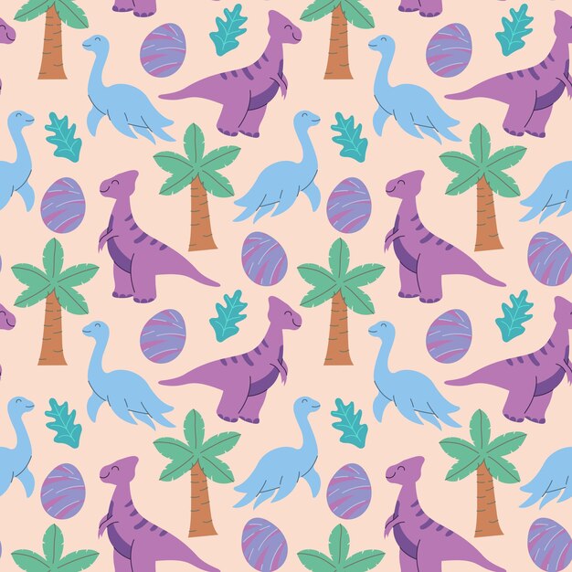 Lindos dinosaurios y plantas tropicales dino de dibujos animados divertido patrón sin costuras diseño de garabatos vectoriales dibujados a mano para niñas niños patrón de niños dibujado a mano para ropa de moda tela de camisa