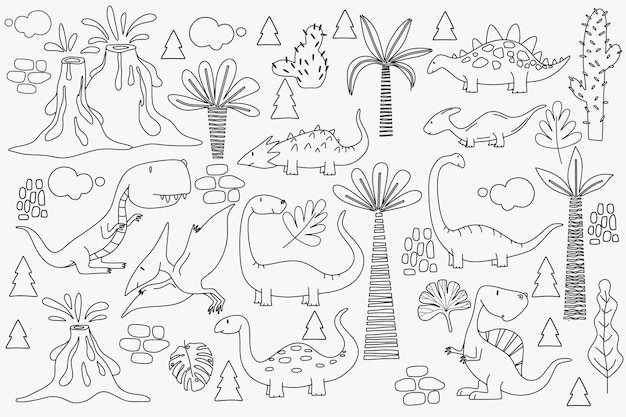 Vector lindos dinosaurios y plantas tropicales.