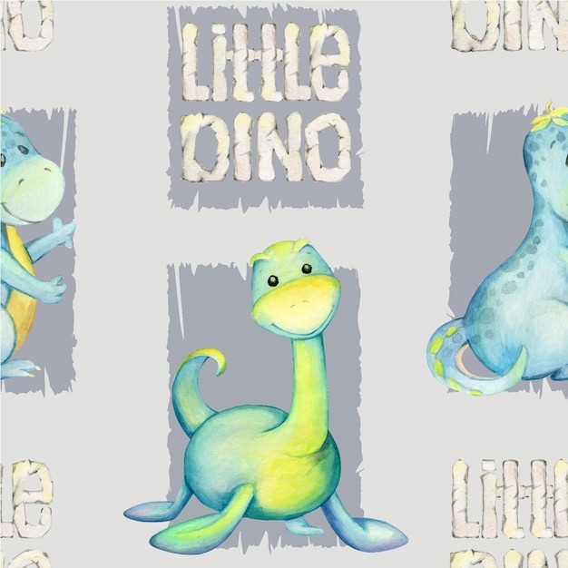 Lindos dinosaurios, texto, pequeño dono. Acuarela de patrones sin fisuras