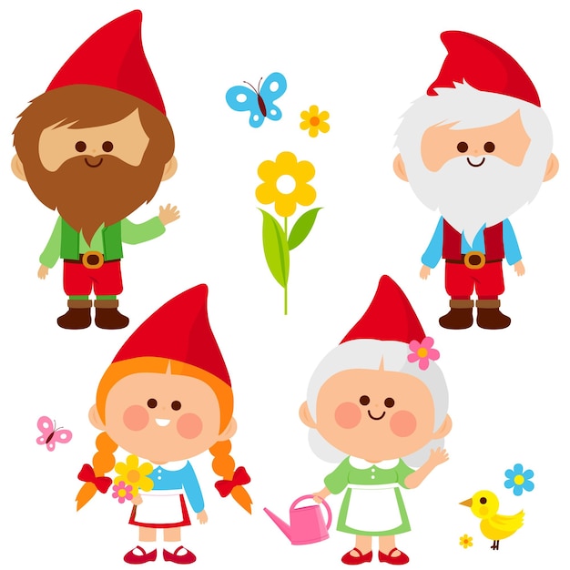 Los lindos y diversos gnomos felices del jardín en el jardín Las enanas de jardinería de primavera con sombreros rojos