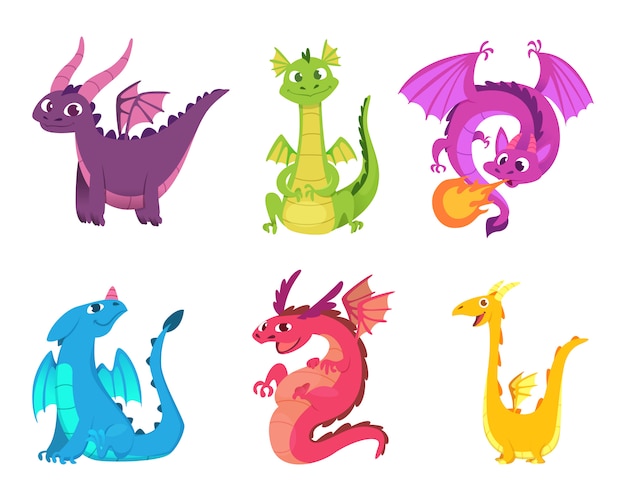 Vector lindos dragones. anfibios de cuento de hadas y reptiles con alas y dientes fantasía medieval personajes de criaturas salvajes