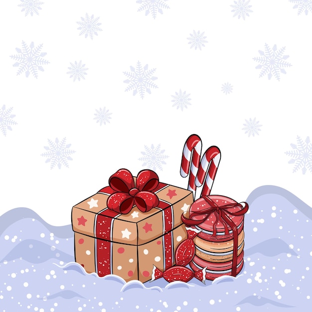 Vector lindos dulces de invierno y caja de regalo en la nieve