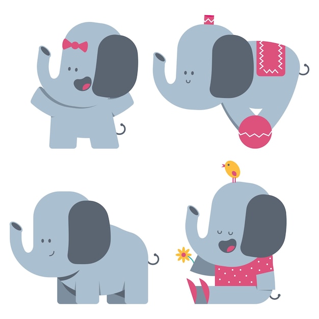 Lindos elefantes vector personajes de dibujos animados conjunto aislado sobre un fondo blanco