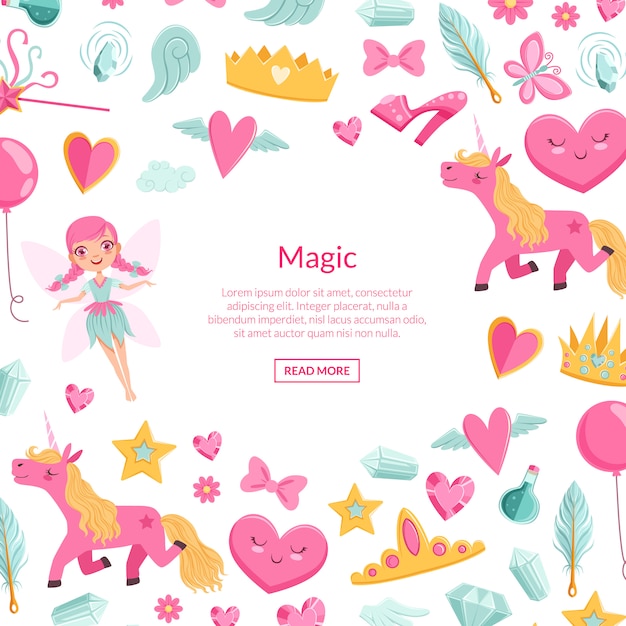 lindos elementos artoon magic y fairytale con lugar para ilustración de texto