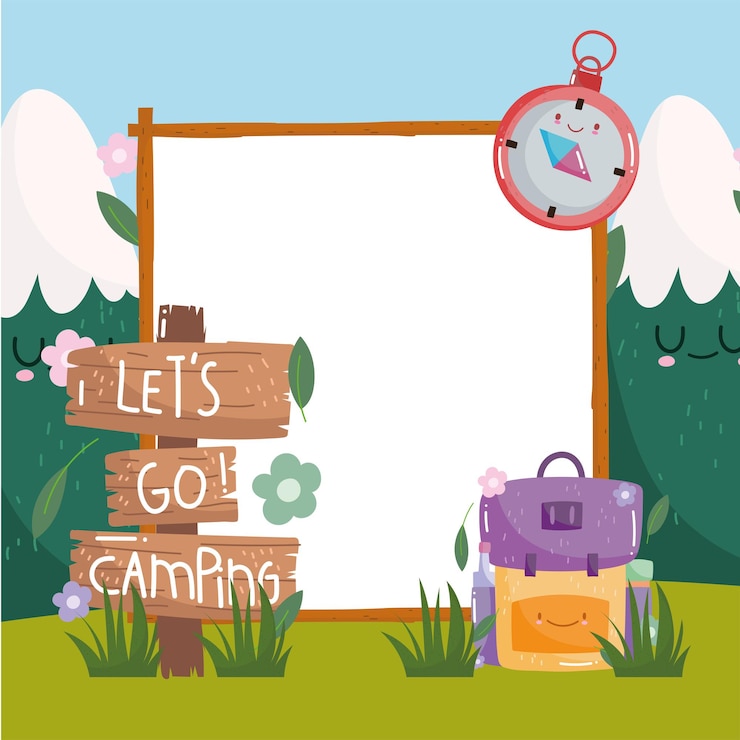 Vector lindos elementos de camping y tablero en blanco.
