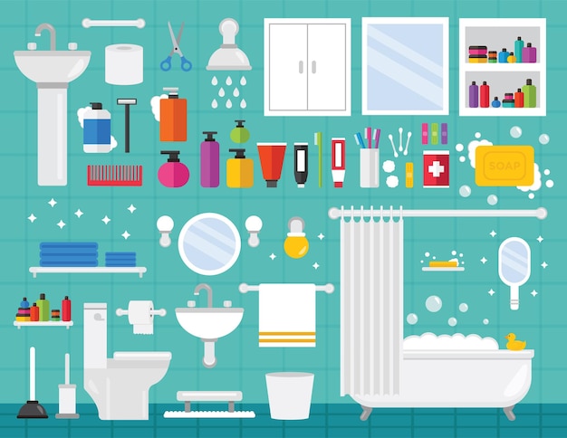 Vector lindos elementos de diseño de baño en ilustración vectorial plana