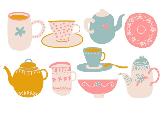 Lindos elementos de diseño de juego de café o té con tetera, taza de té, platillo, jarra, leche y vector de servilleta