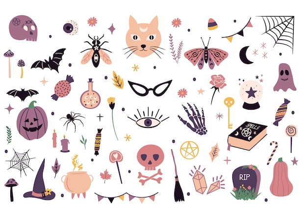 Lindos elementos gráficos de Halloween. Doodle ilustraciones dibujadas a mano