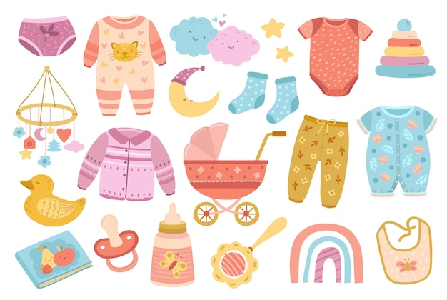 Vector lindos elementos de guardería escandinavo baby shower doodle ropa y accesorios de moda para niños pequeños arco iris plano divertido niño objetos conjunto de vectores exactos