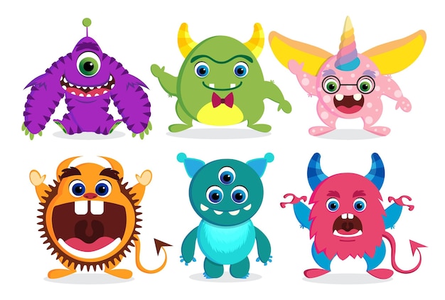Vector lindos elementos de personajes vectoriales monstruos con caras graciosas y criaturas bestias