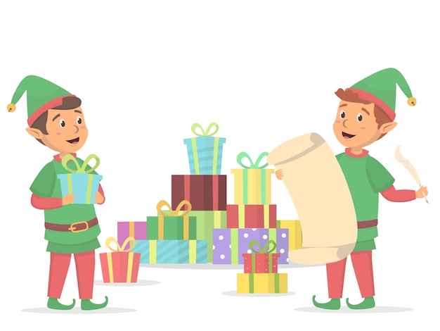 Vector lindos elfos con caja de regalo de navidad