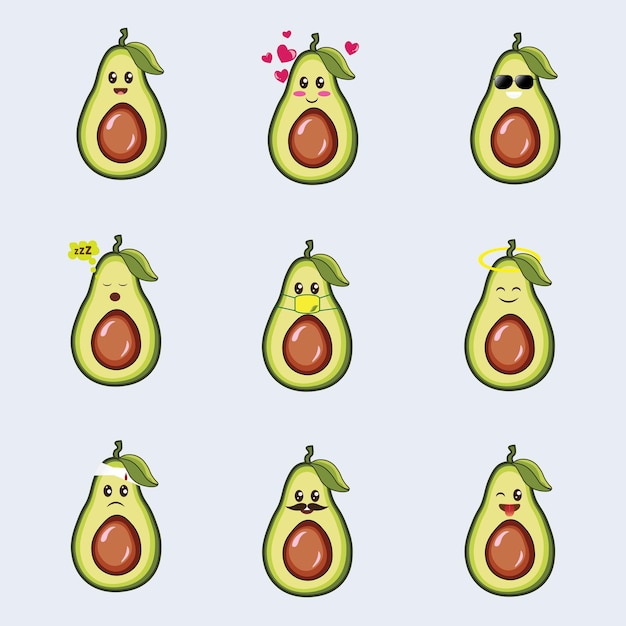 Lindos emoticonos de aguacate ilustración vectorial dibujos animados de aguacate expresión emocional de aguacate