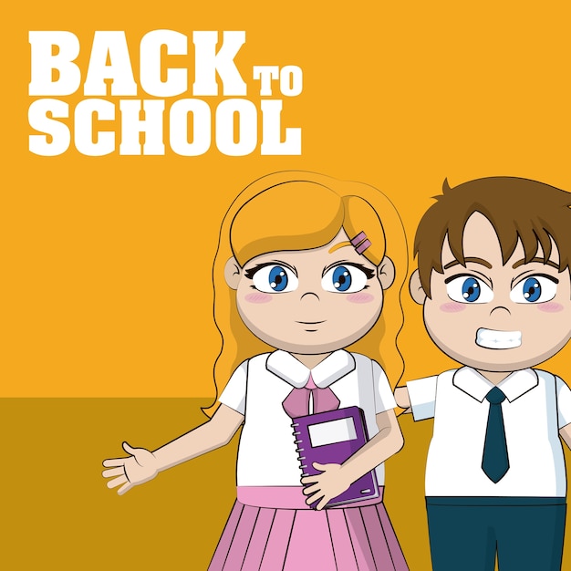 Vector lindos y felices dibujos animados de estudiantes de niños de regreso a la escuela