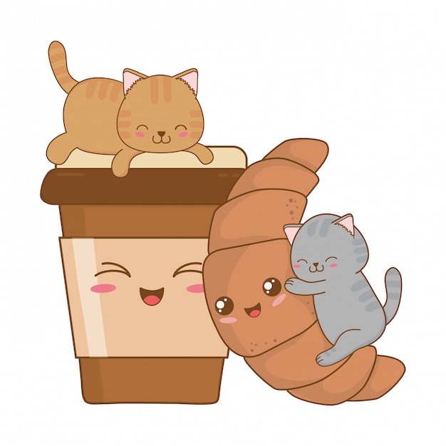 Lindos gatitos con croissant kawaii personajes