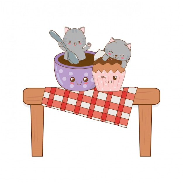 Lindos gatitos con personajes de kawaii de cupcake.