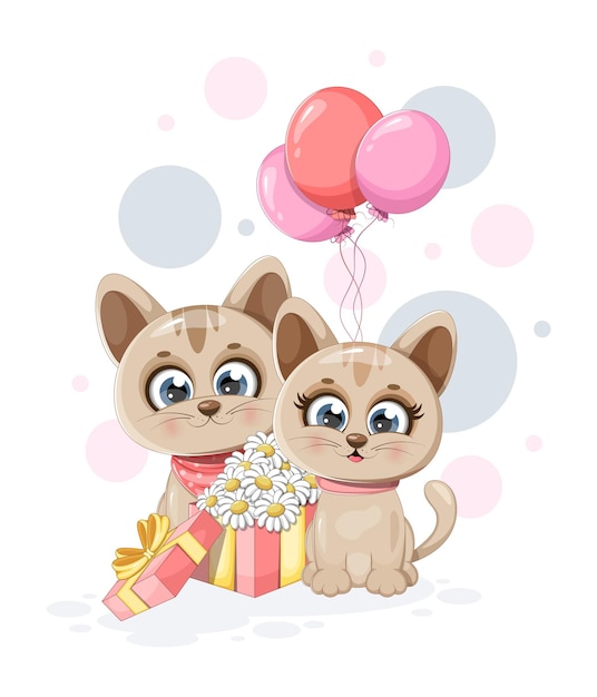 Lindos gatitos con un regalo y globos.