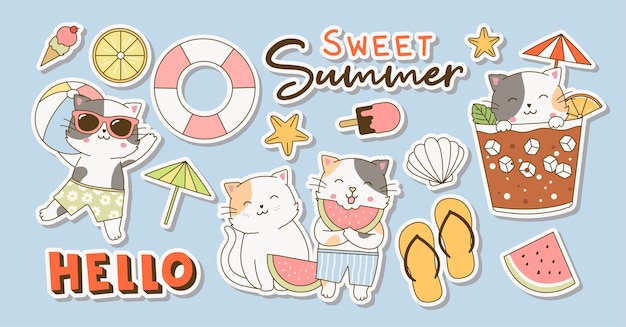 Lindos gatos dibujos animados doodle pegatina estilo dibujado a mano con colección de paquetes de temas de verano