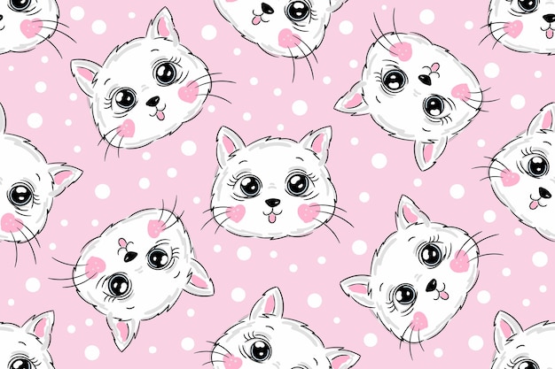 Lindos gatos se enfrentan a patrones sin fisuras Diseño de vivero para niños con gatitos y puntos blancos sobre fondo rosa de niña