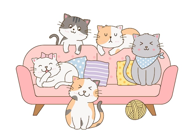 Lindos gatos felices sentados durmiendo acostados en un sofá rosa doodle dibujos animados ilustración color pastel