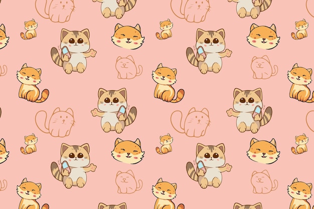 Lindos gatos Kawaii o gatitos en poses divertidas vector de patrones sin fisuras Gatos gordos de dibujos animados divertidos para imprimir