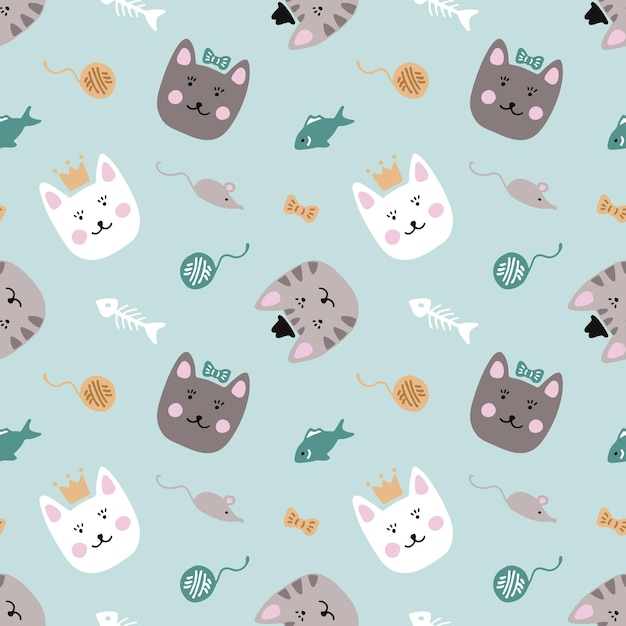 Lindos gatos o gatitos garabatos Patrón sin costuras para textil Fondo vectorial