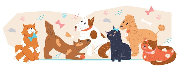 Vector lindos gatos y perros divertidos en el telón de fondo decorativo para la clínica veterinaria o la pancarta de la tienda de mascotas