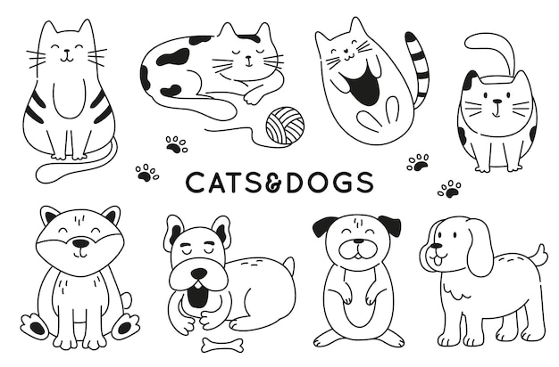 Vector lindos gatos y perros garabatos conjunto aislado