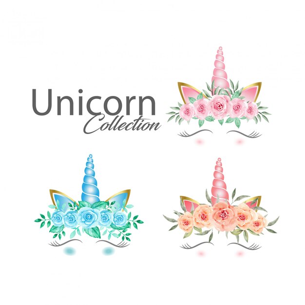 Lindos gráficos de unicornio con colección de flores de acuarela